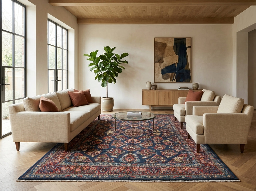 7' x 10'5"” Navy Blue Fine Wool Dense Weave Persian Sarouk Rug 72743