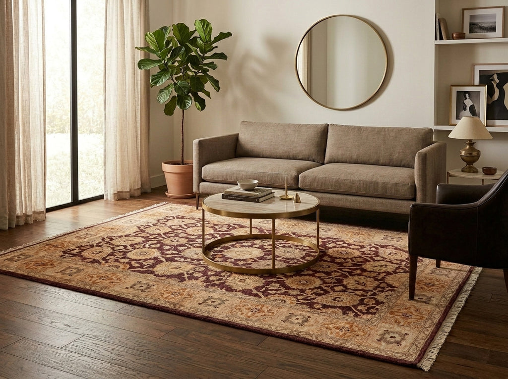 A traditional-style area rug with an intricate floral pattern in beige, rust, and brown tones, styled in a modern living room setting with a gray sofa, round coffee table, and potted plant.