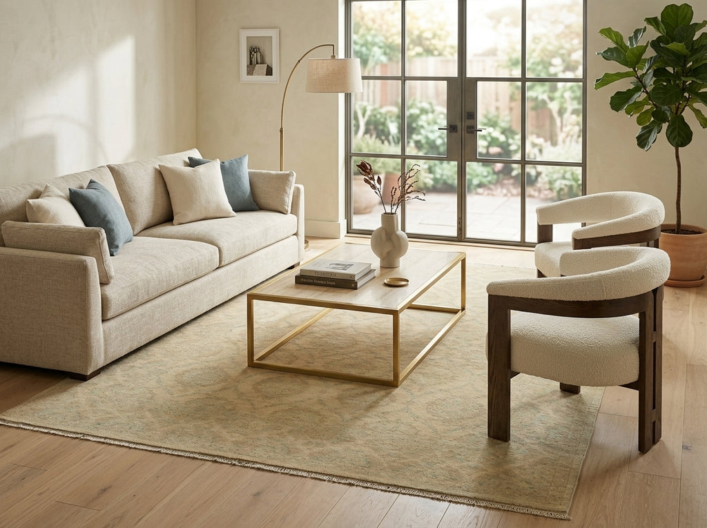 A styled living room featuring a light beige sofa, two cream armchairs with dark wood frames, a gold-framed coffee table, and a large beige area rug on a light wood floor. Large windows in the background look out onto a garden.