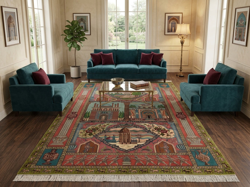 6.6 x 10 High End One of a Kind Authentic Iran Pictorial Persian Rug Wool and Silk 500+ KPSI - view 2