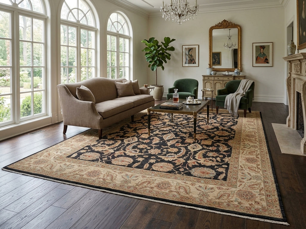 9 x 12.5 Black Chobi Peshawar Quality Wool Rug - view 2