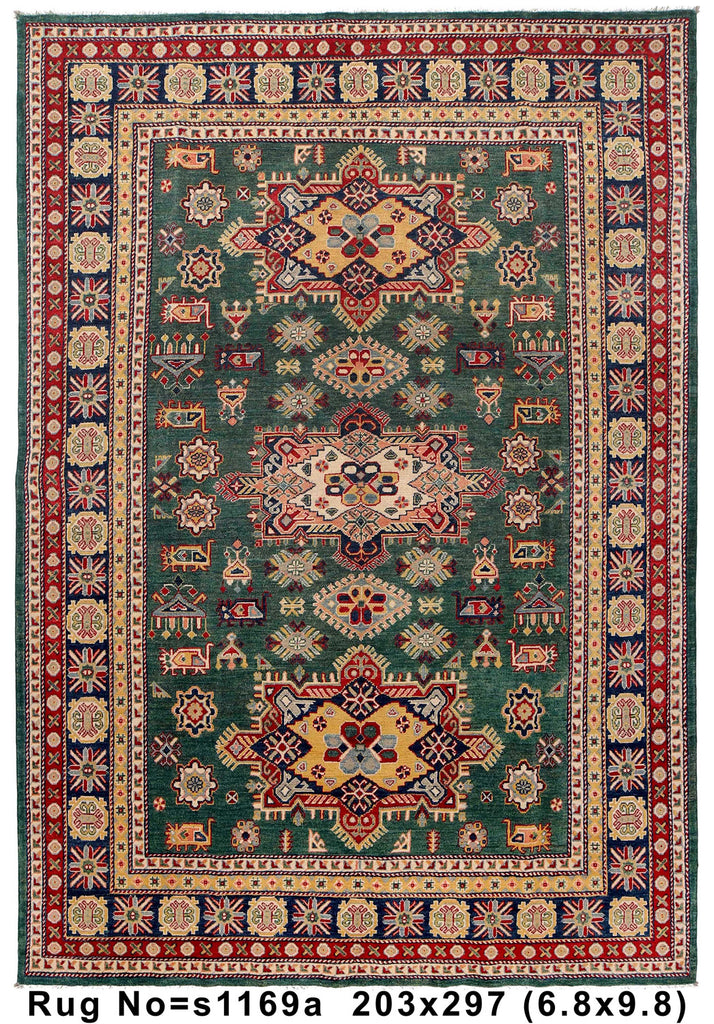 6.8 x 9.9 Handmade Green Exquisite Kazak Rug #S1169