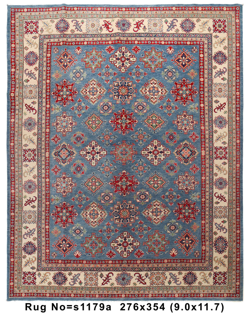 9.1 x 11.7 Blue Handmade All Over Pattern Kazak Rug #S1179