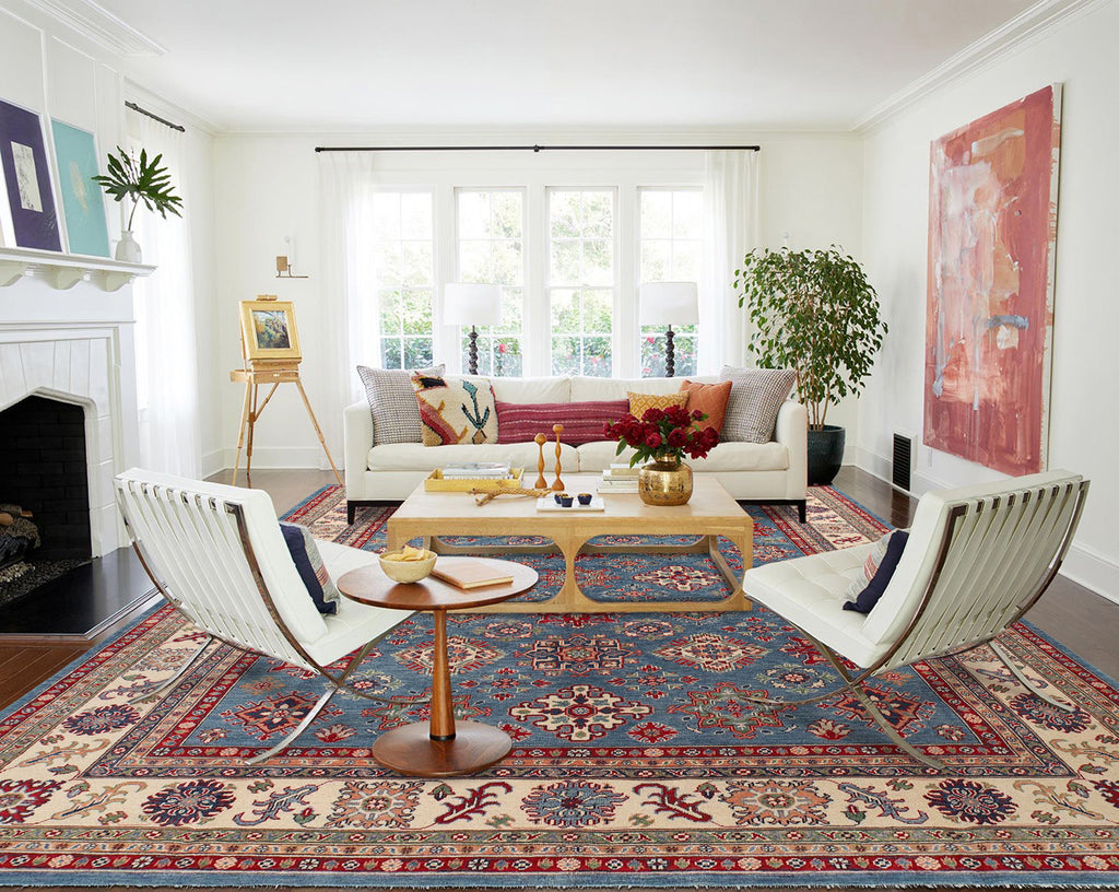 9.1 x 11.7 Blue Handmade All Over Pattern Kazak Rug #S1179