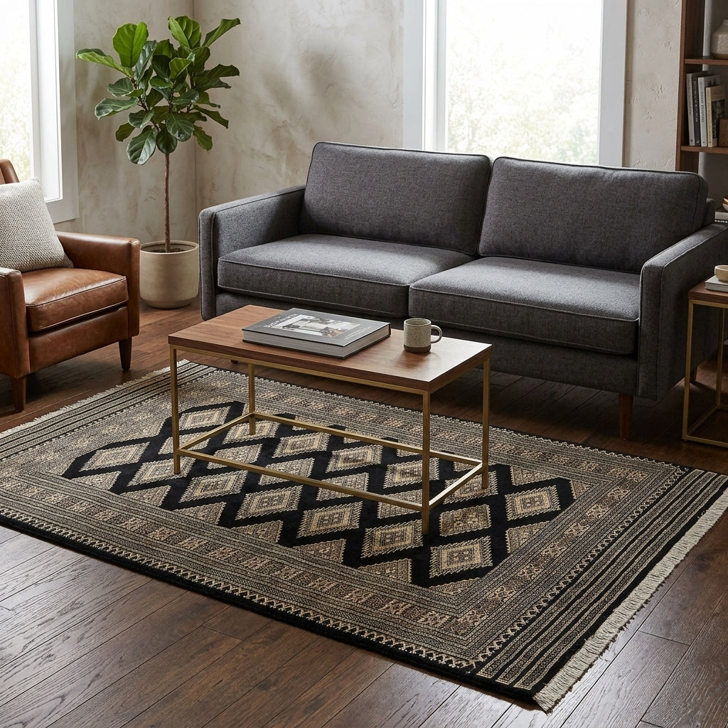 4 X 6 Black Wool and Silk Touch Jaldar Bokhara Rug Geometric #B-75632