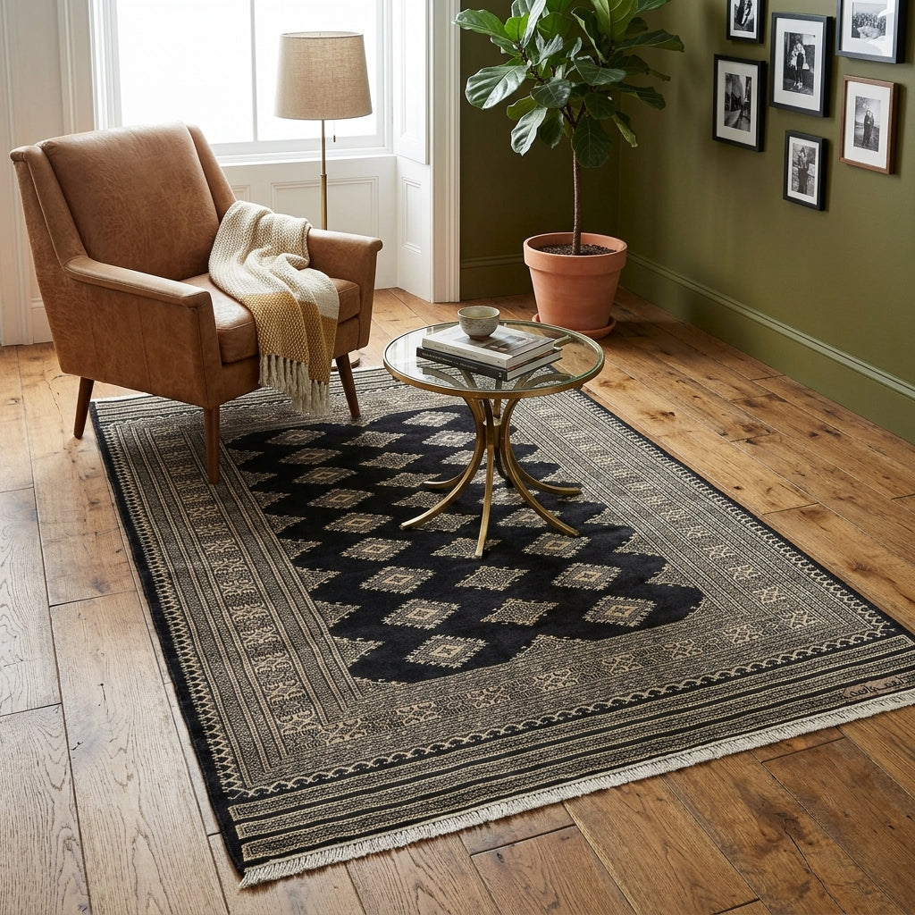 4 x 6 Black Hand-Knotted Imported Bokhara Jaldar Rug Wool Silk Touch #B-75621