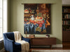 Load image into Gallery viewer, Decorative tapestry of a still life scene on a wall above a wooden console table with a blue armchair.