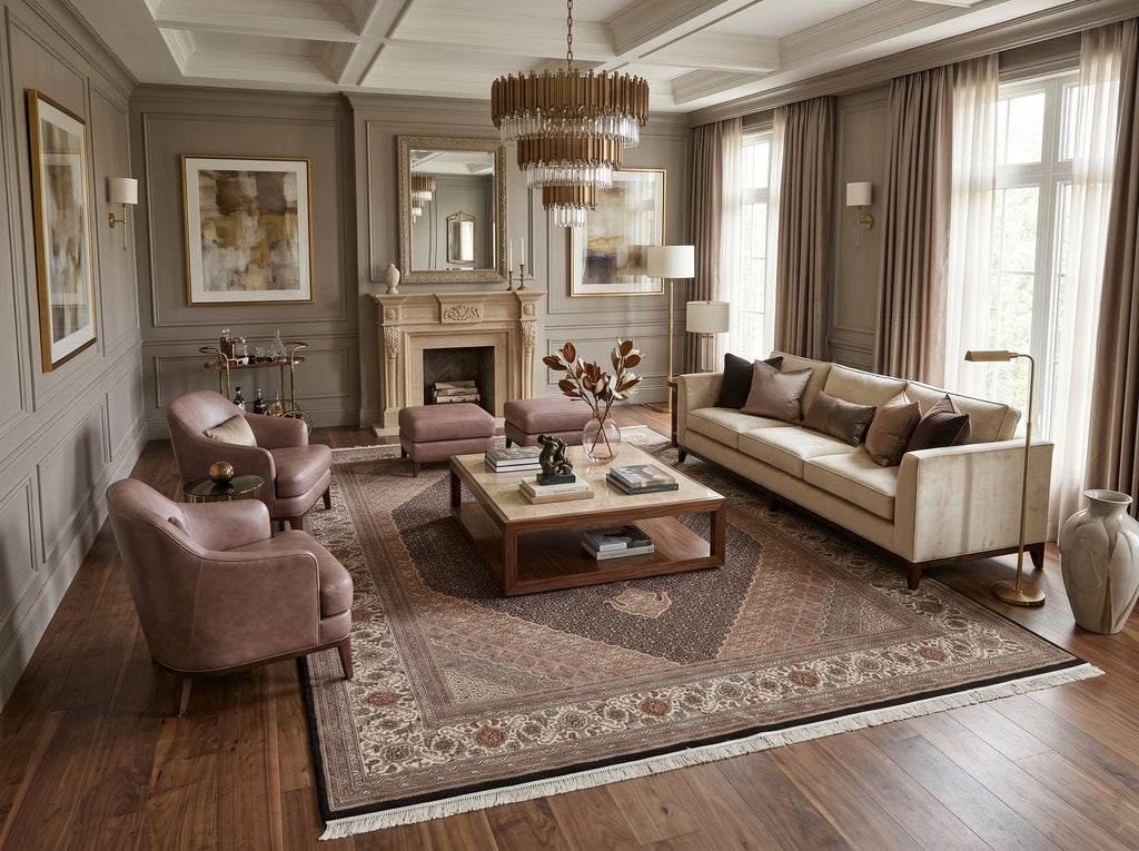 Luxurious living room with beige sofa, armchairs, and decorative elements.