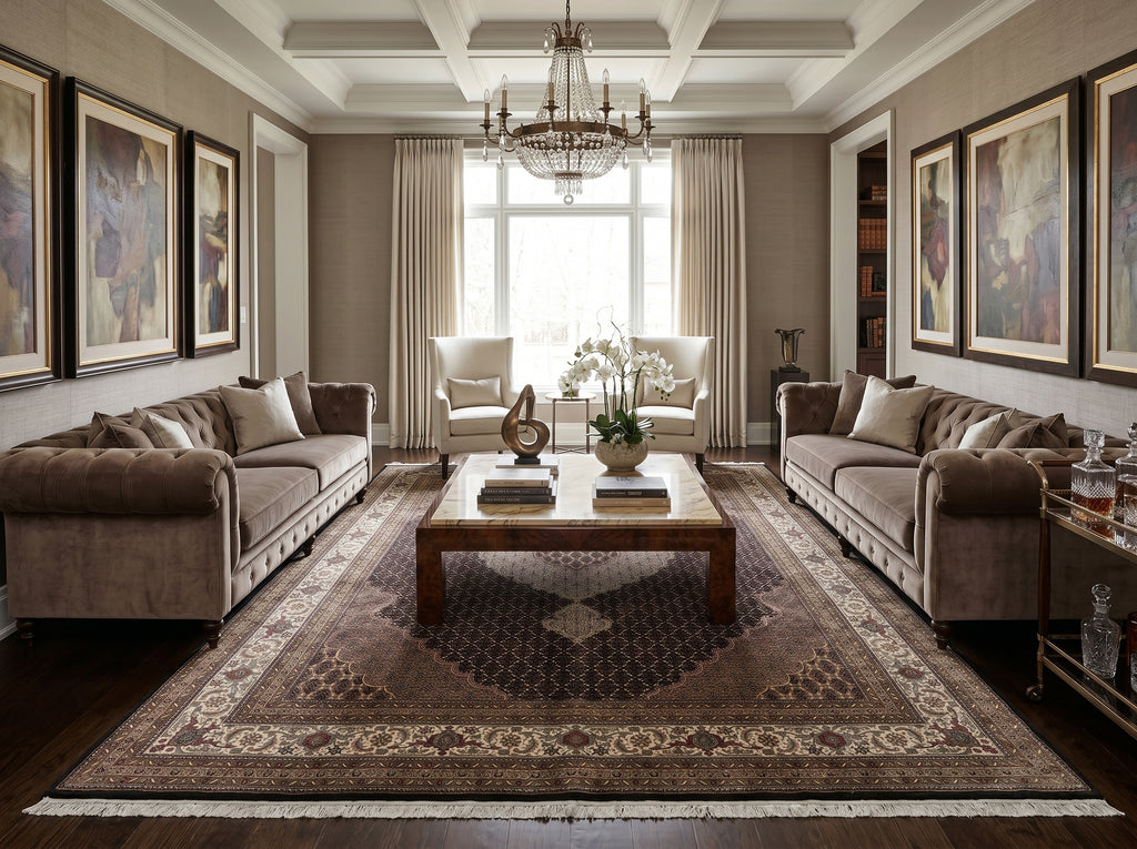 Luxurious living room with a decorative rug.