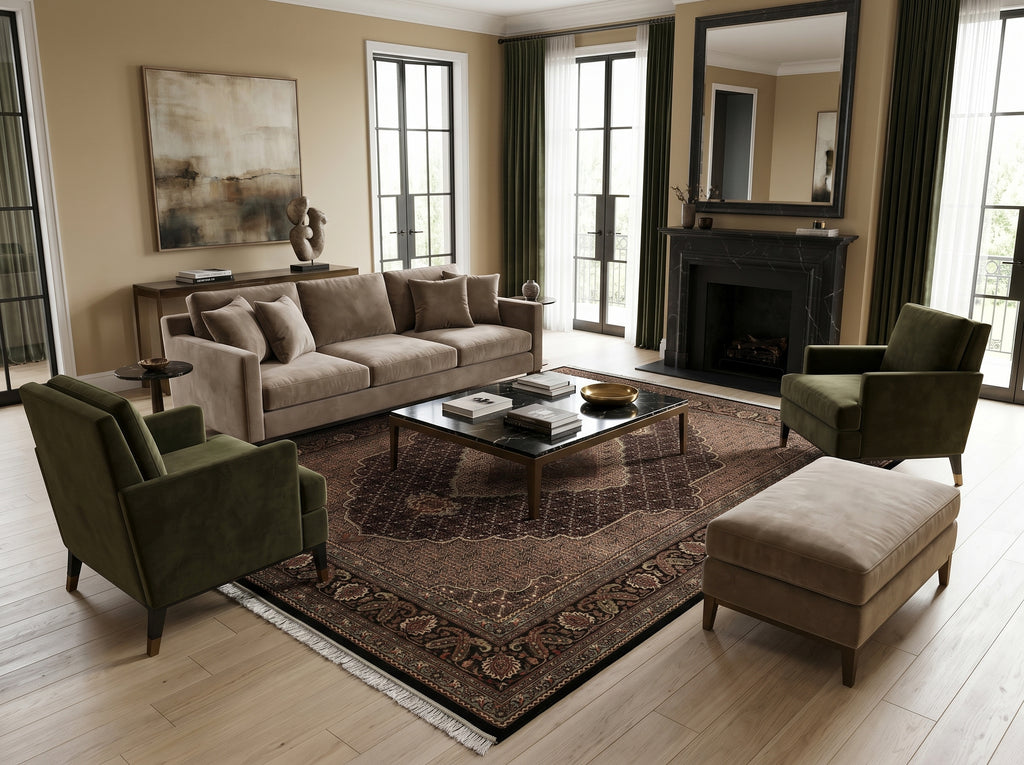 Living room with decorative rug.