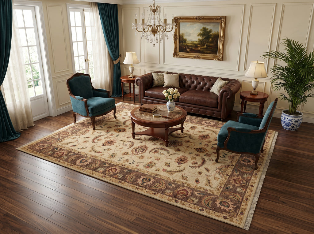 6.3 x 9.3 Hand-Knotted Agra Rug Beige Brown #B-73623
