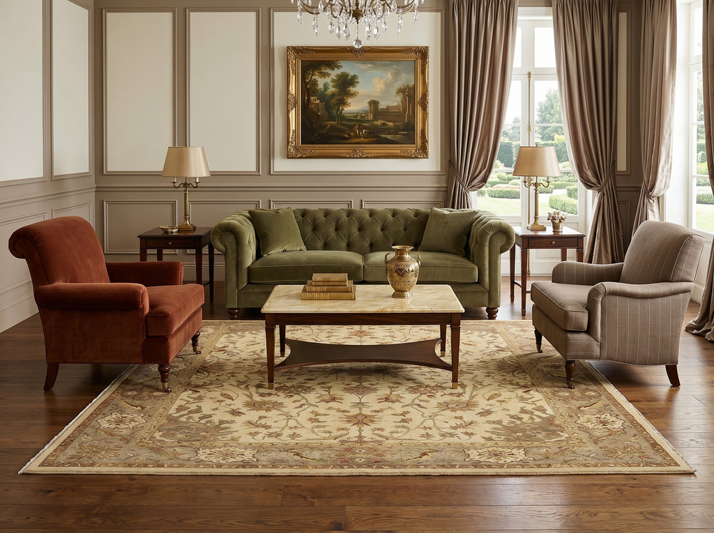 6 x 9 Beige, Green Hand-Knotted Agra Rug #PIX-15573