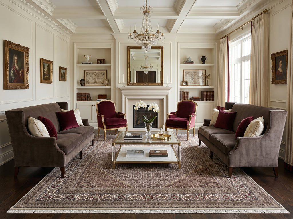 Luxurious living room with gray sofas, red armchairs, and a coffee table.