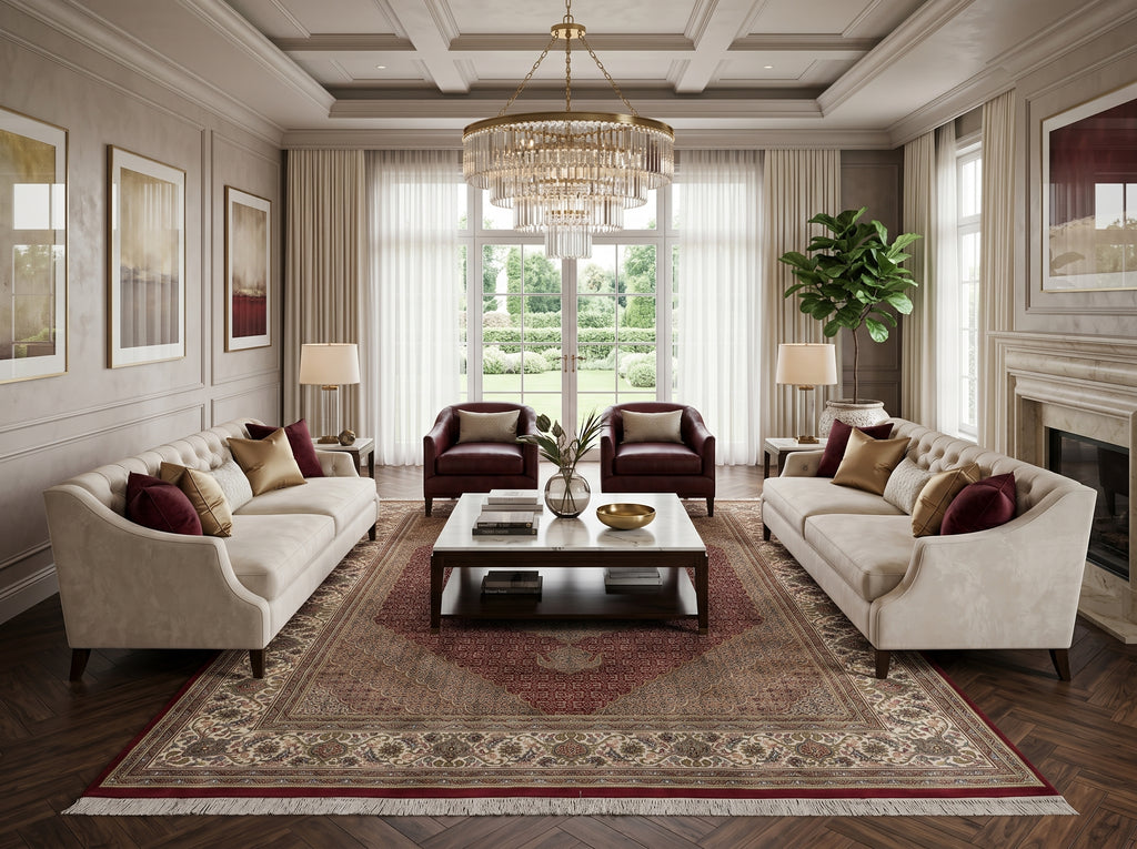 Luxurious living room with a decorative rug.