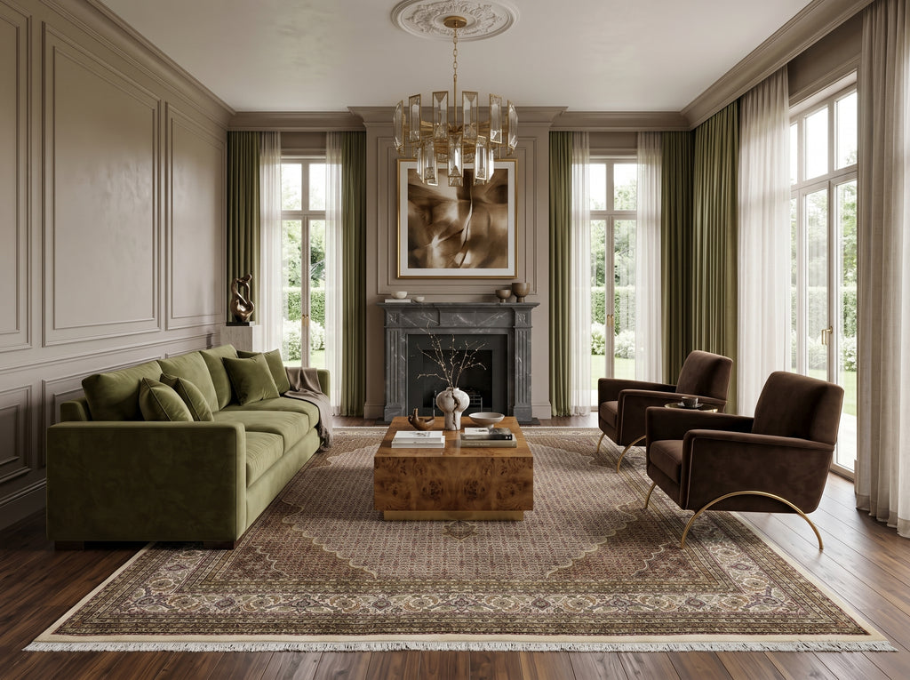 Luxurious living room with decorative rug.