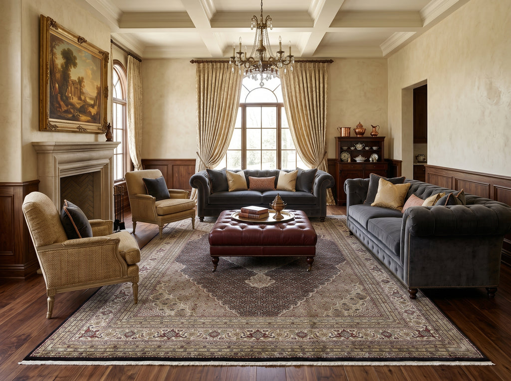 Luxurious living room with decorative rug.