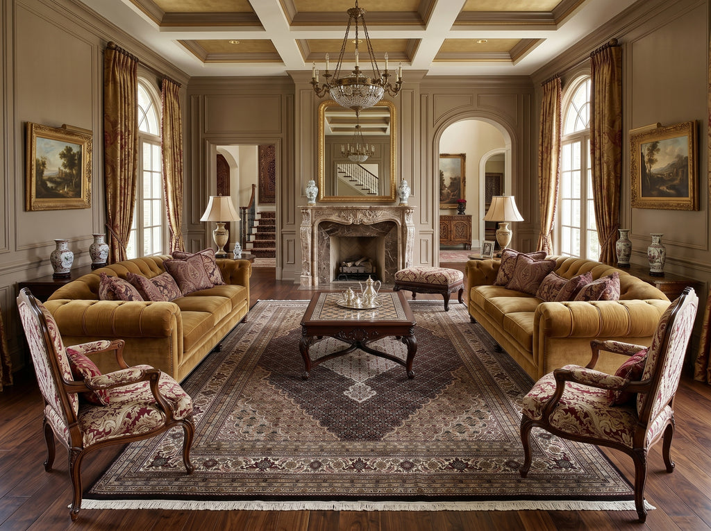 Luxurious living room with gold sofas, ornate chairs, and a fireplace.