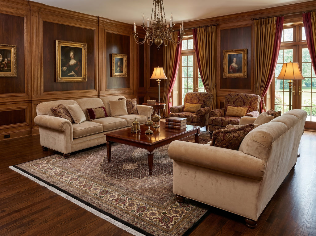 Luxurious living room with a decorative rug.