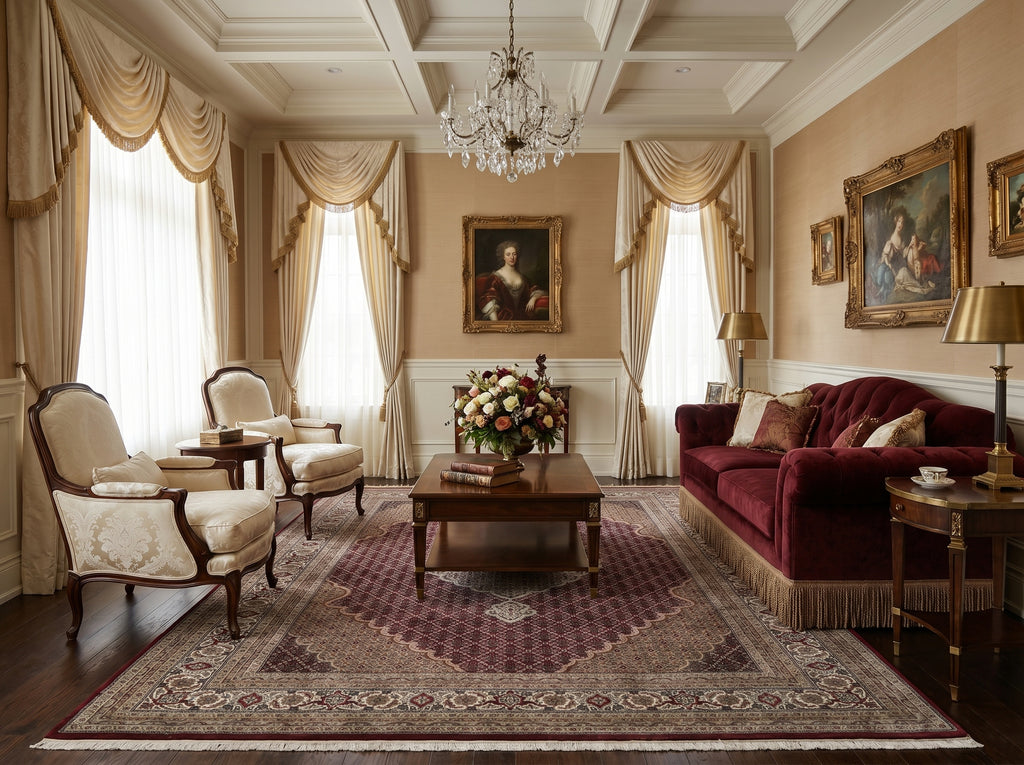 Luxurious living room with a decorative rug.