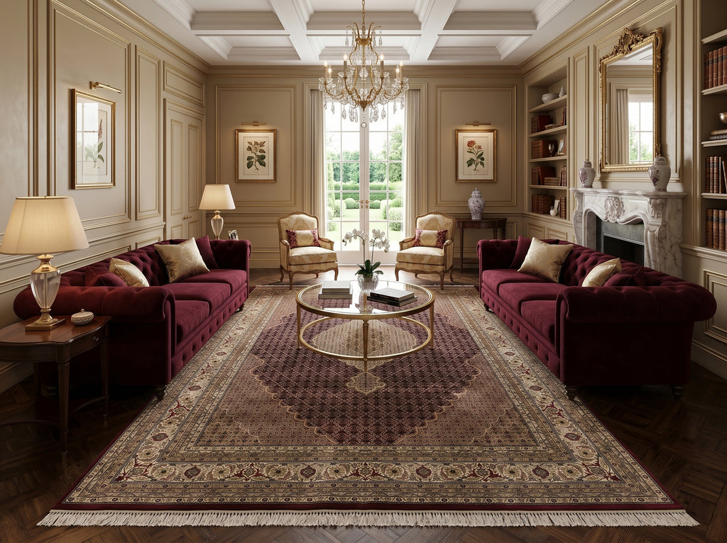 Luxurious living room with decorative rug.