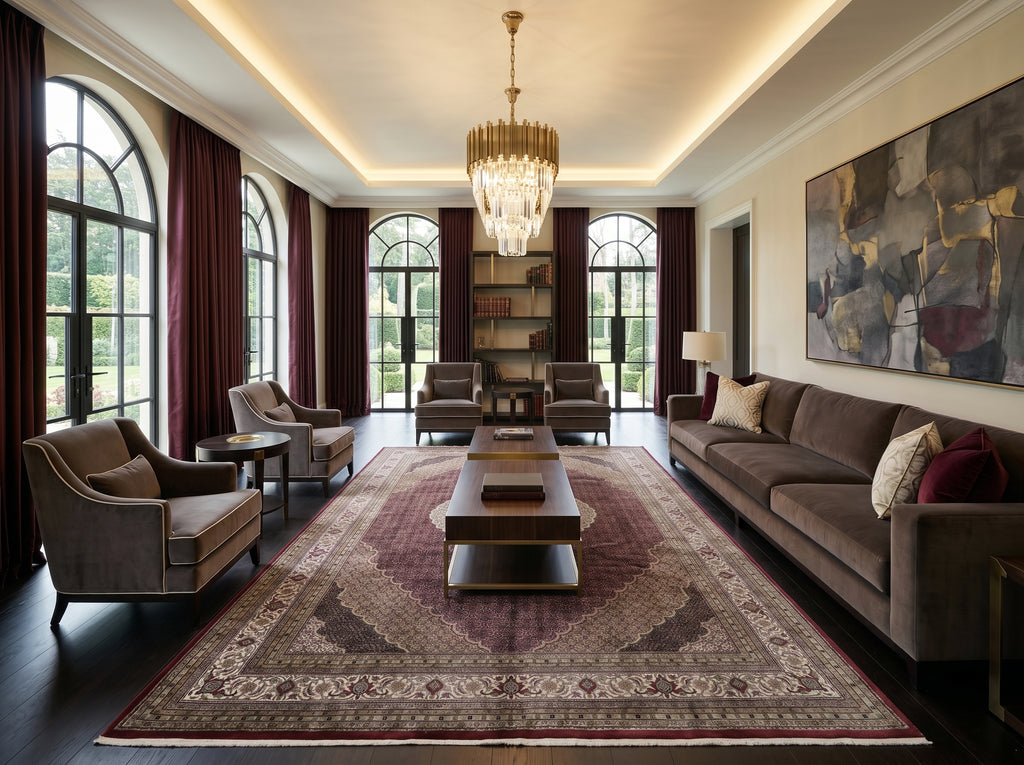 Luxurious living room with a large sofa, armchairs, and a coffee table.