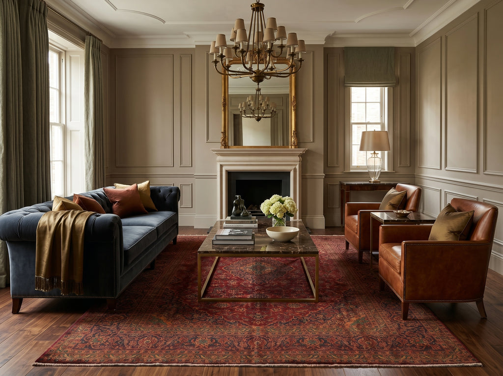 Living room with a decorative rug.