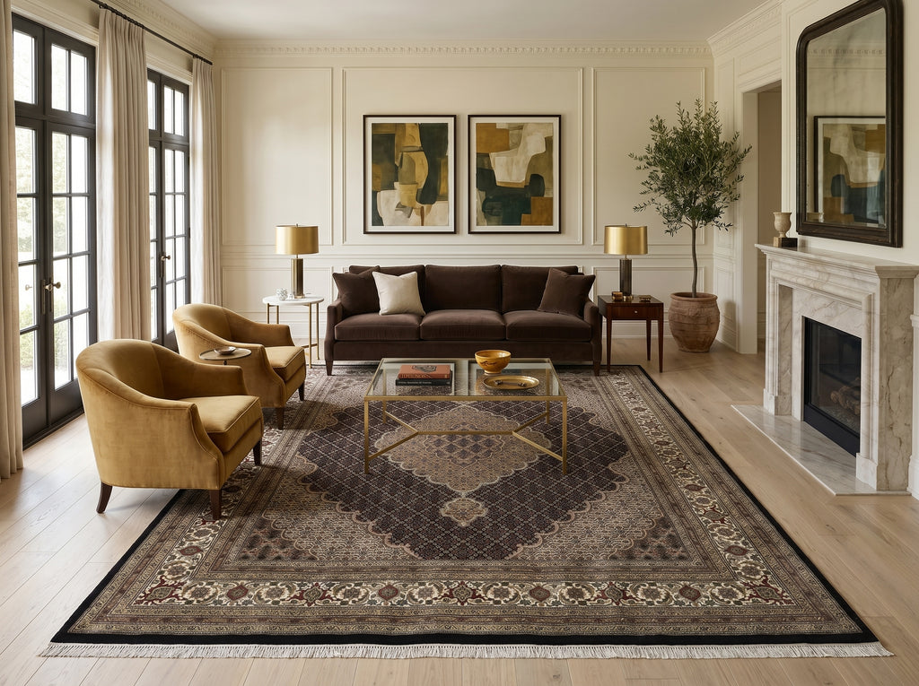Living room with brown sofa, yellow armchair, and decorative rug.