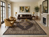 Load image into Gallery viewer, Living room with brown sofa, yellow armchair, and decorative rug.