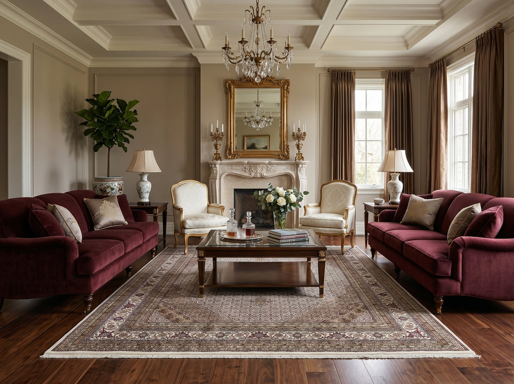 Luxurious living room with decorative rug.