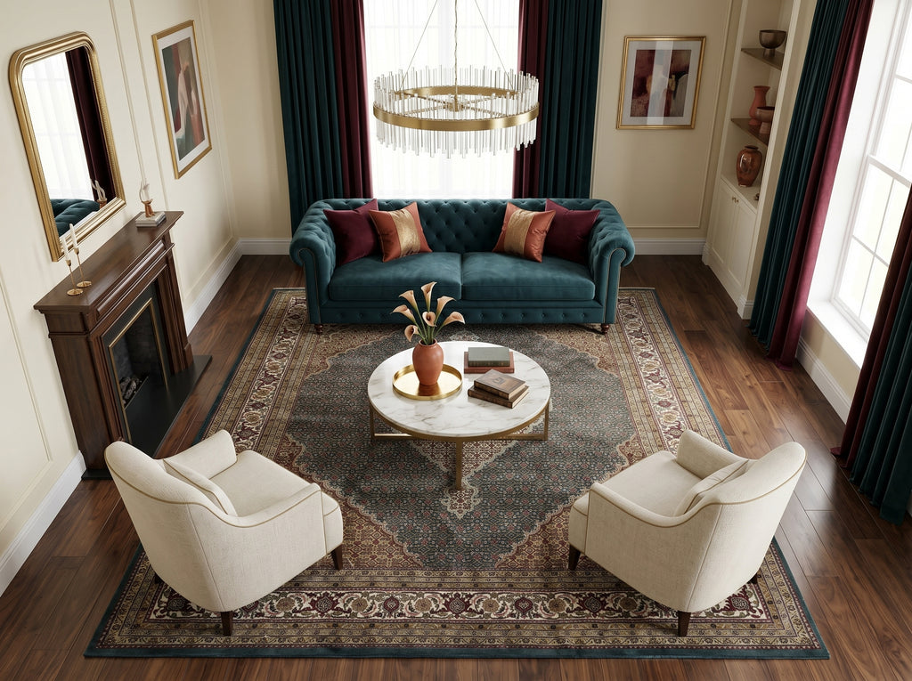 Living room with a decorative rug.