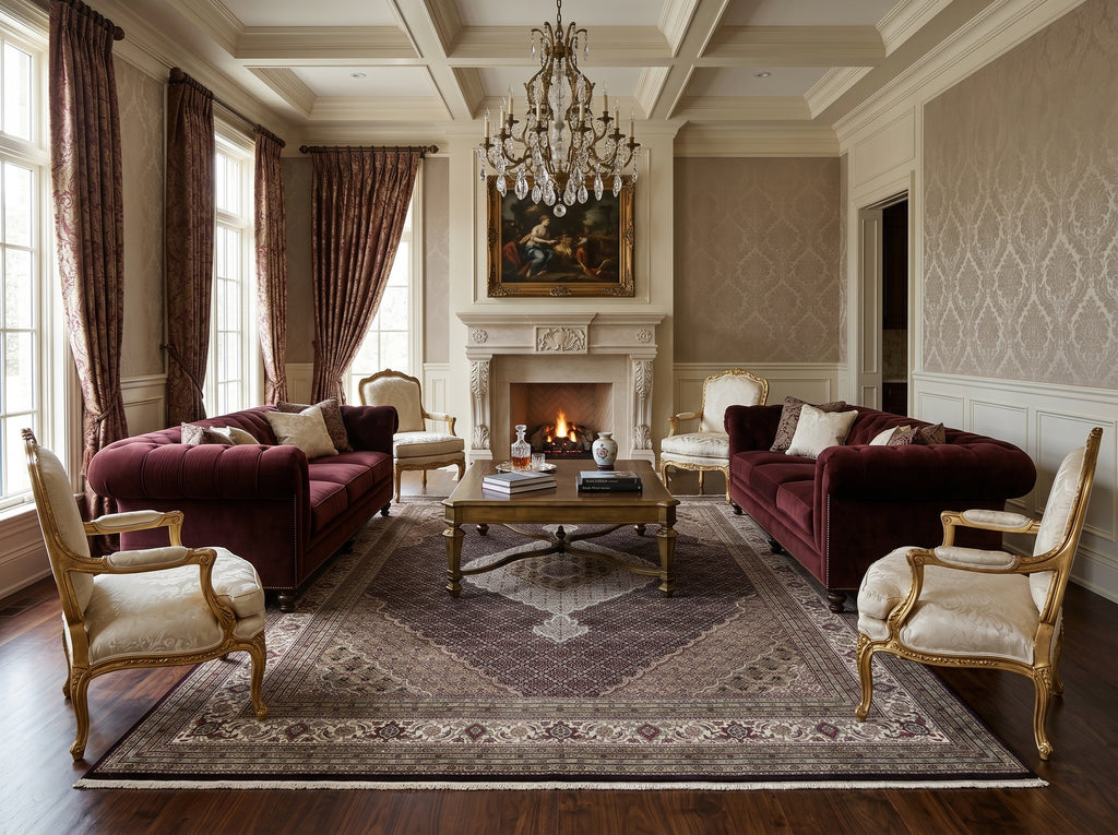 Luxurious living room with decorative rug.