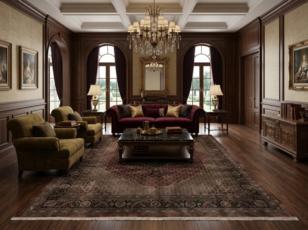 Luxurious living room with decorative rug.