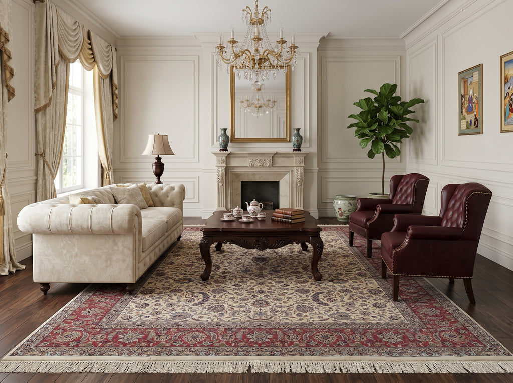 Luxurious living room with a decorative rug.