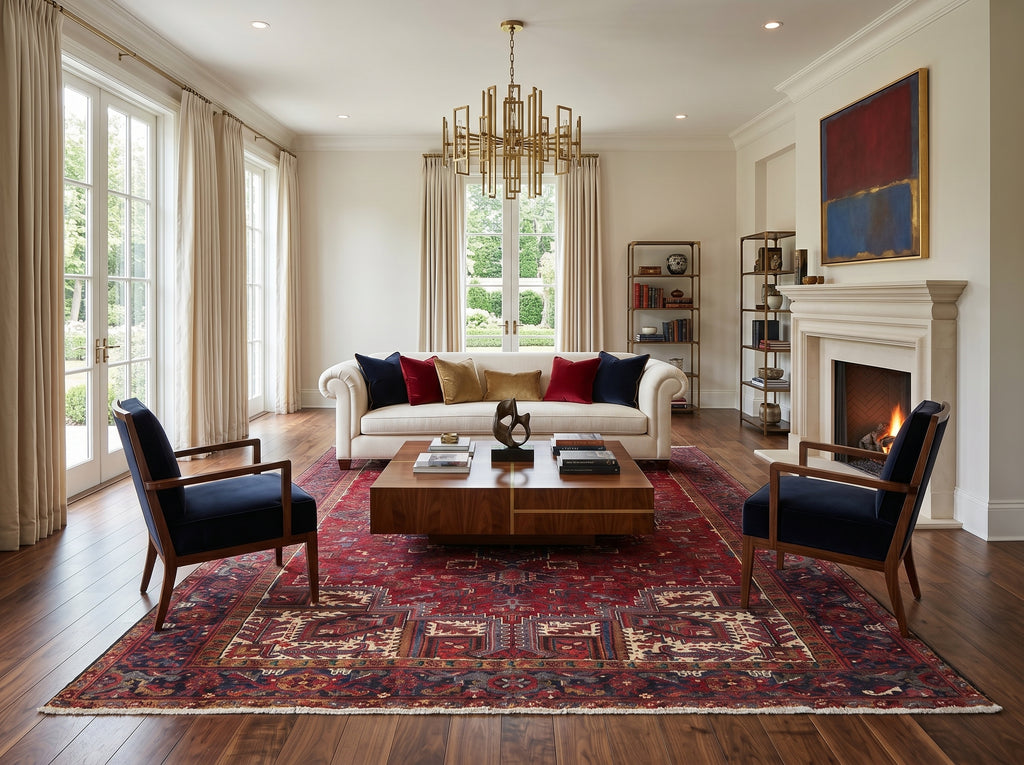 A styled living room featuring a large red patterned area rug.
