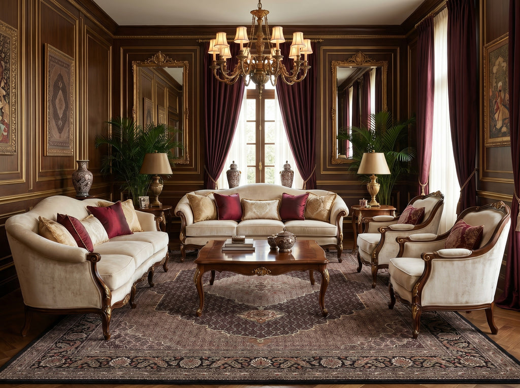 Luxurious living room with ornate furniture and decorative elements.