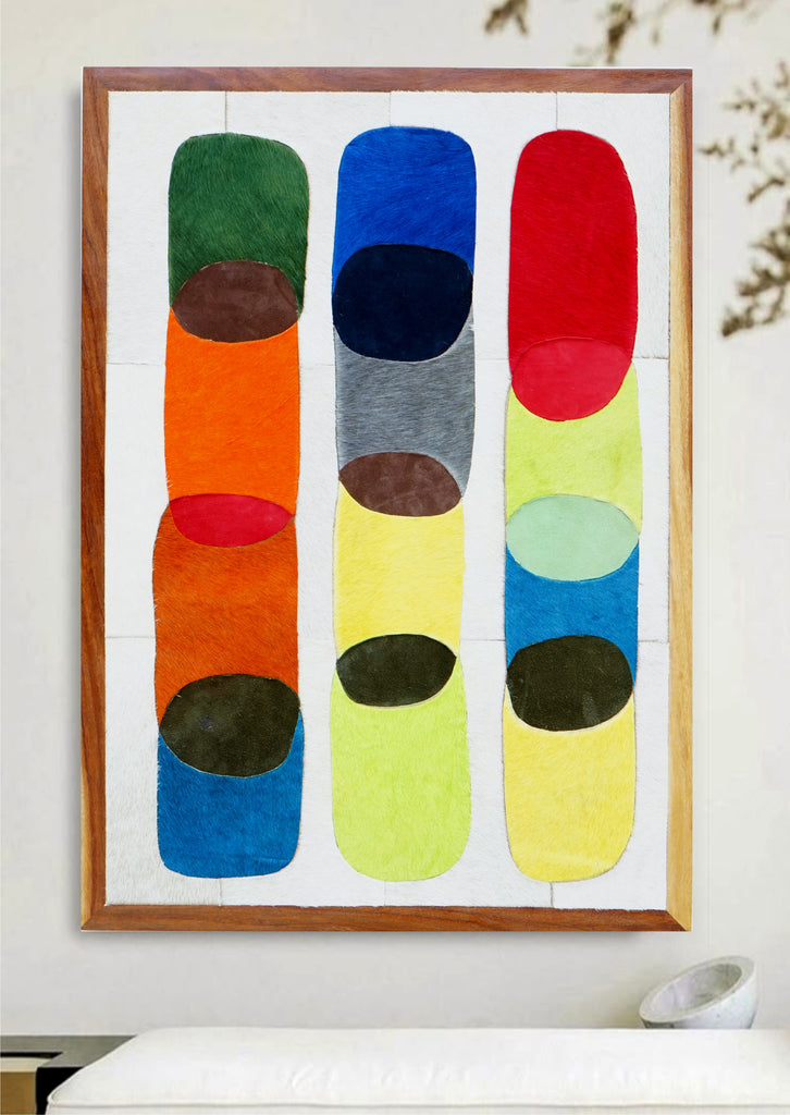 Handcrafted Modern Totem: Vibrant Abstract Pill & Oval Geometric Cowhide Mosaic Wall Art