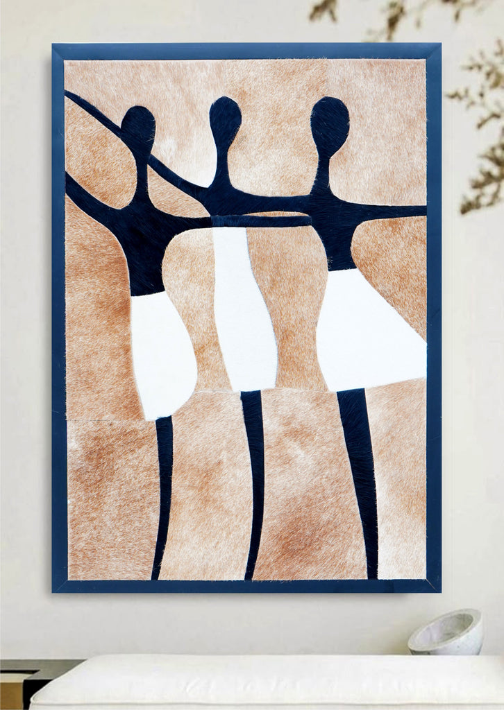 Handcrafted Tribal Rhythms: Minimalist Figural Cowhide Mosaic Wall Art