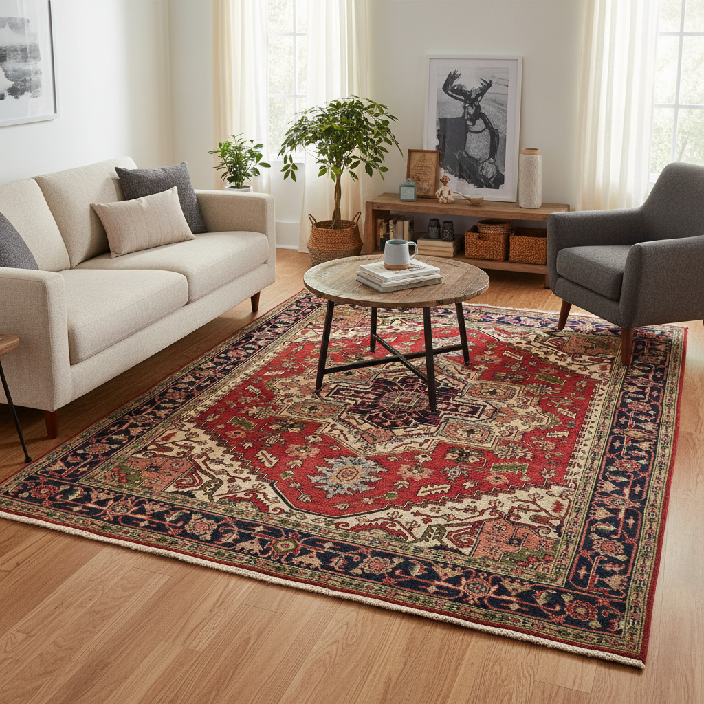 8' x 10' Serapi Heriz Rug – Classic Red Field with Navy Geometric Medallion #F-74909