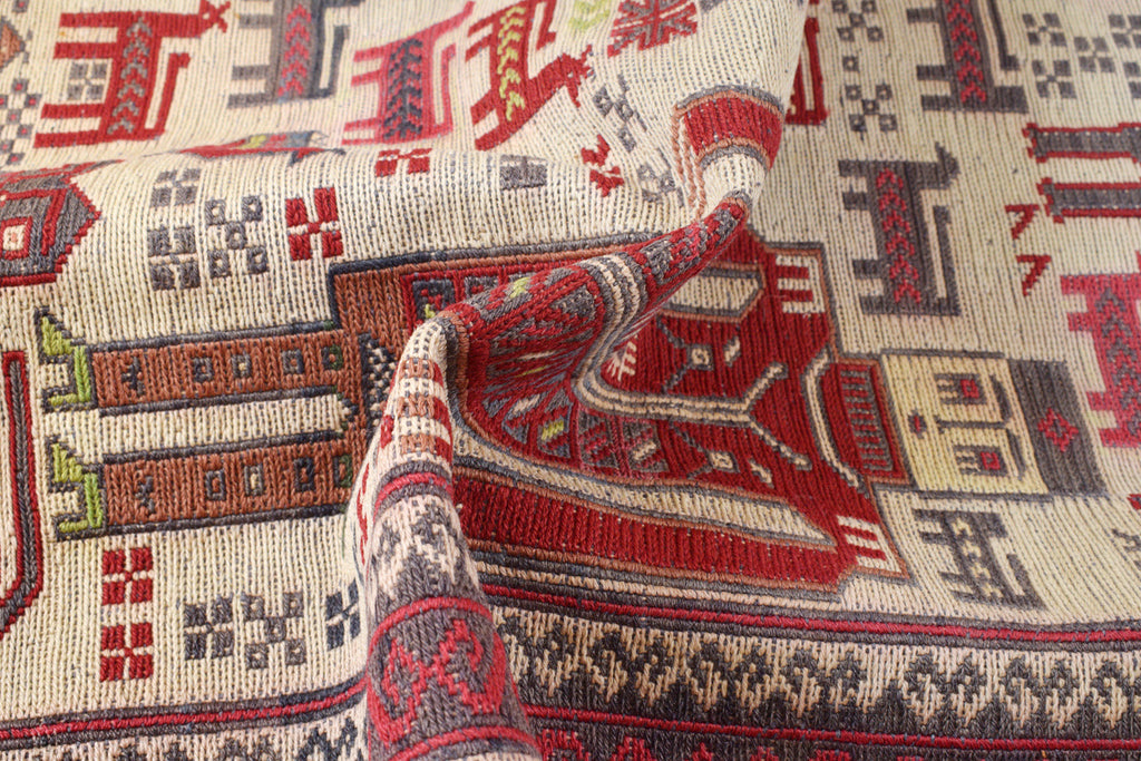 3.9 x 6.4 Interesting Pictorial Raised Wool Afghan Rug #AM1343