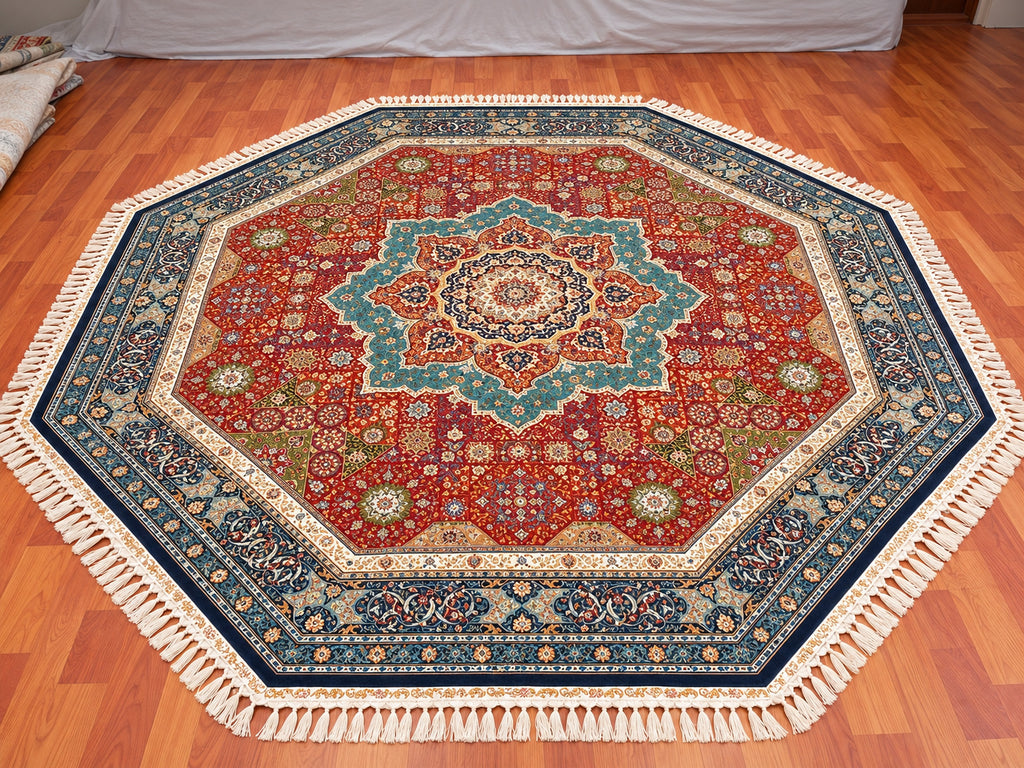 8x8 Octagon Chinese Silk Rug Rust Teal Medallion 23Mad - hero