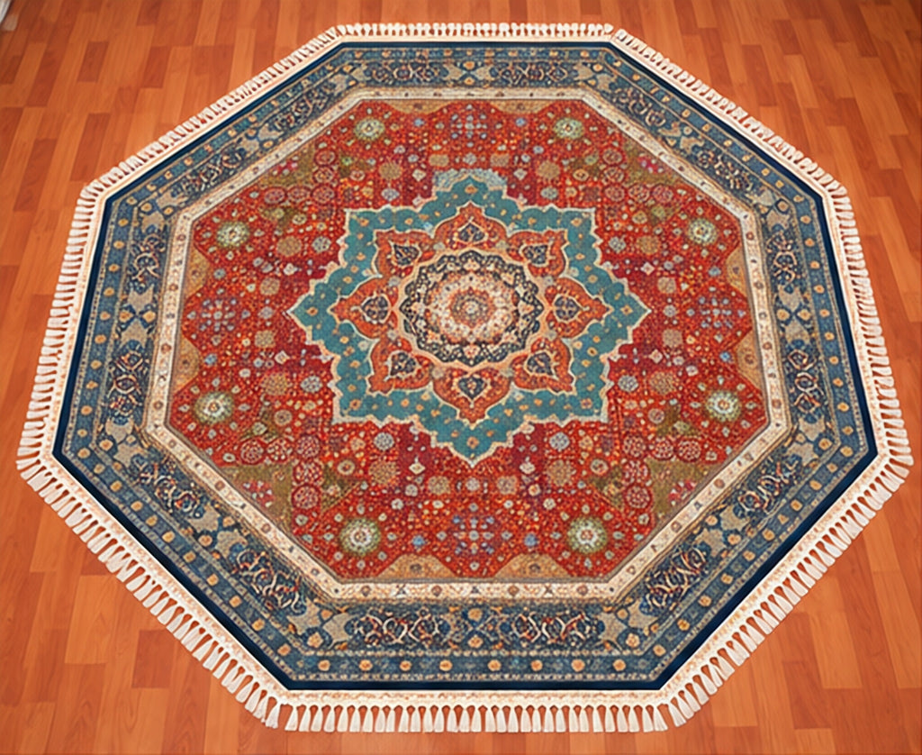 8x8 Octagon Chinese Silk Rug Rust Teal Medallion 23Mad - top view on wood floor