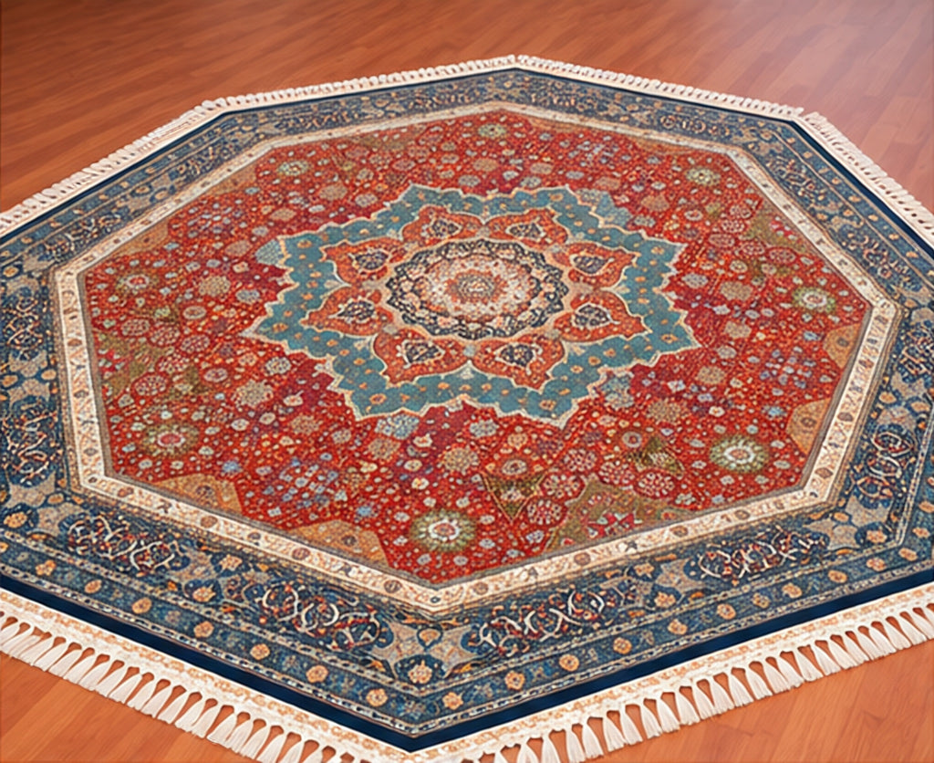8x8 Octagon Chinese Silk Rug Rust Teal Medallion 23Mad - angled view