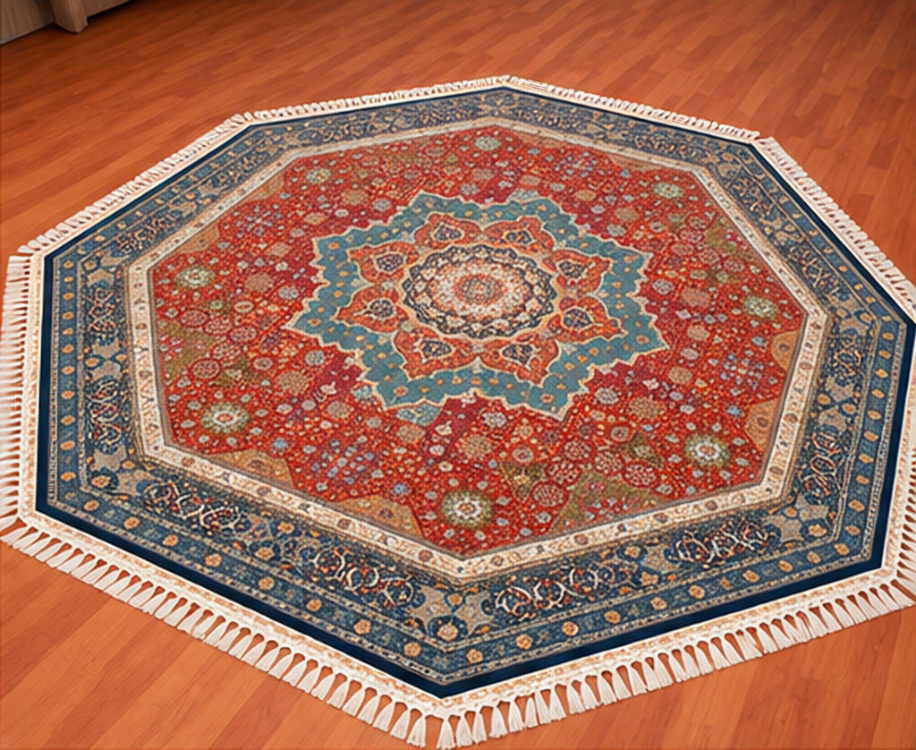 8x8 Octagon Chinese Silk Rug Rust Teal Medallion 23Mad - full rug angled view