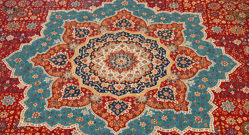 8x8 Octagon Chinese Silk Rug Rust Teal Medallion 23Mad - medallion close-up