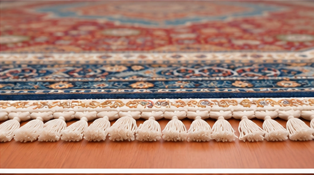 8x8 Octagon Chinese Silk Rug Rust Teal Medallion 23Mad - low side view of fringe