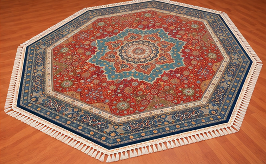 8x8 Octagon Chinese Silk Rug Rust Teal Medallion 23Mad - full rug view