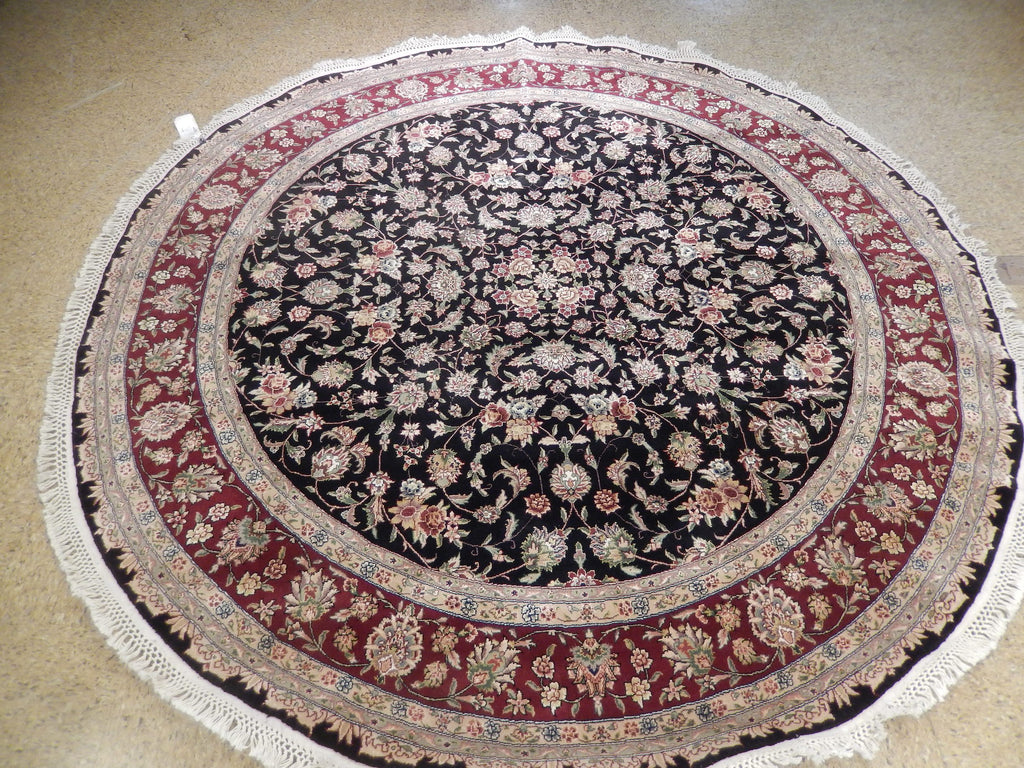 8 feet ROUND Fine Weave Quality Wool and Silk Pile Hand knotted Rug BLACK  #PIX-25740A