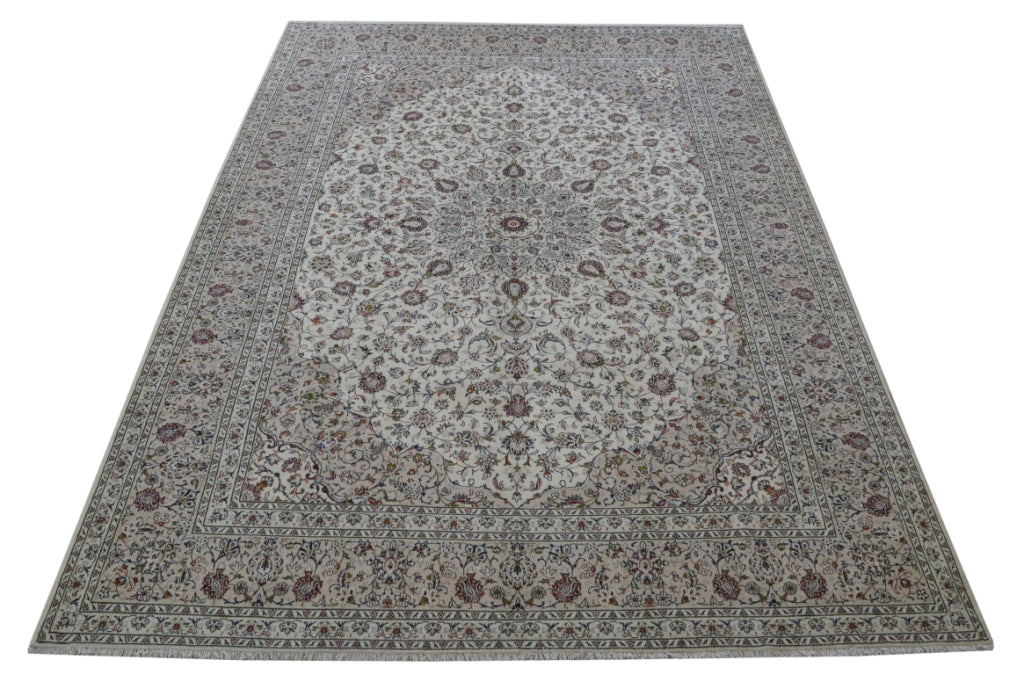 11.4 x 16.1 Signed Authentic Persian Kashan Rug Ivory #B-81177