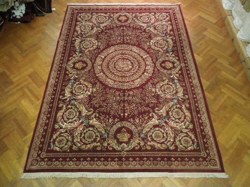 10.2 x 14 Amazing Handmade Rug French Savanerie Wool Burgundy Gold #PIX-17317