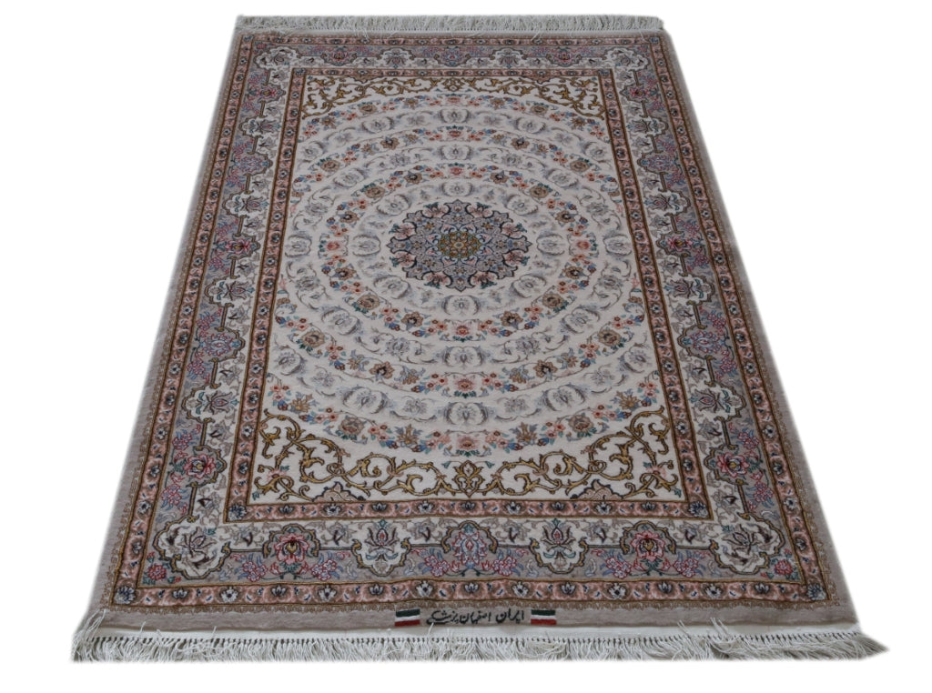 3.7 x 5.6 SIGNED Super Fine Quality Authentic Persian Esfahan Rug Wool and Silk 500 KPSI #B-82357